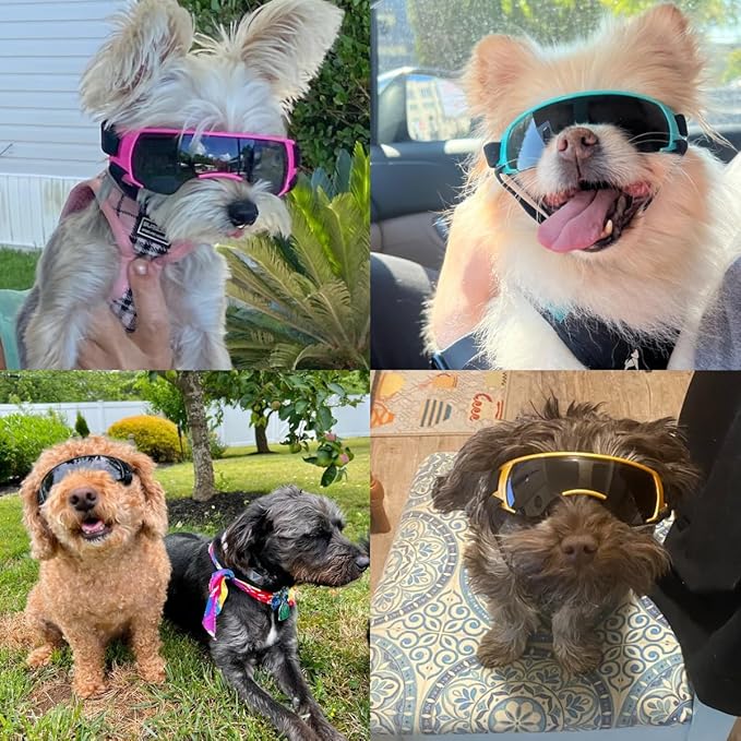 LESYPET Dog Sunglasses for Small Breed, UV Wind Dust Protection Dog Goggles for Pet Outdoor Driving Riding, Pet Glasses Eye Wear with Adjustable Strap, Gold