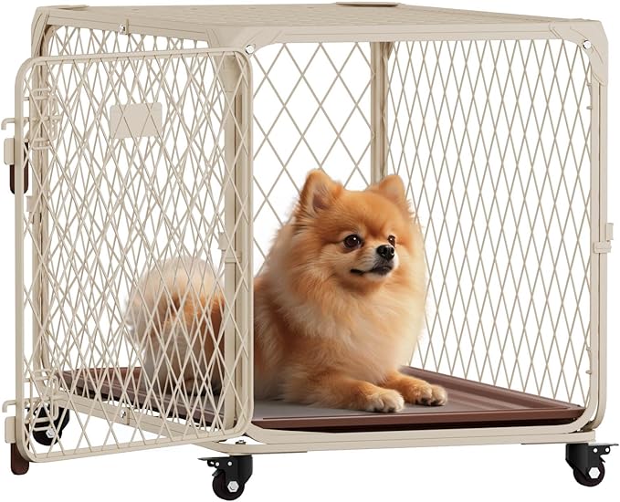 Dog Crate, 30 Inch Diamond Mesh Enhanced Dog Kennel with 4 Lockable Wheels, Removable Tray, Metal Cage Dog Crates for Medium, Small Dogs, Pets up 70 lbs, Ideal for Indoor Outdoor Use