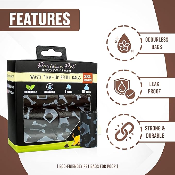 Parisian Pet Eco-Friendly Dog Poop Bags, 8 Rolls, 20 Bags per Roll, Unscented, Leak-Proof, Perfect for Cleaning Up After Your Pet