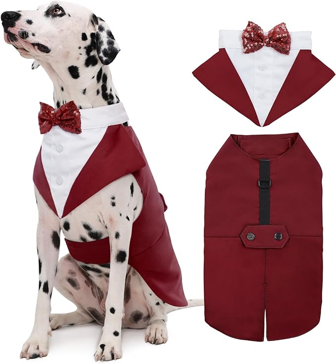 Kuoser Dog Tuxedo Dog Suit and Bandana Set, Dogs Tuxedo Wedding Party Suit, Doggy Prince Bow Tie Shirt Formal Pet Wedding Attire for Large Medium and Small Dogs Golden Retriever Samo Bulldogs