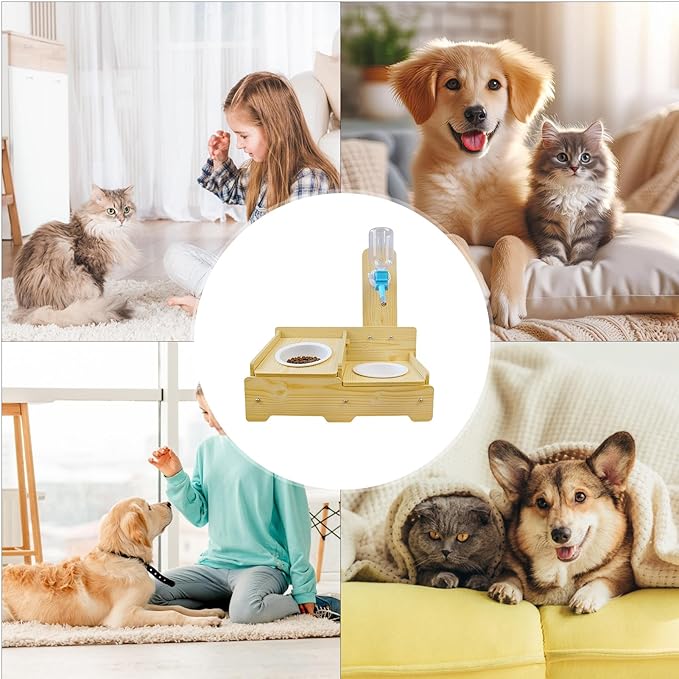 Dog Water Dispenser Wooden – Adjustable Height 2 Bowls, Cat Food Feeder, Puppy Kitten Pet Animal Indoor | Puppy Kitten Pet Animal Indoor Home Living Room Balcony Apartment Outdoor Garden