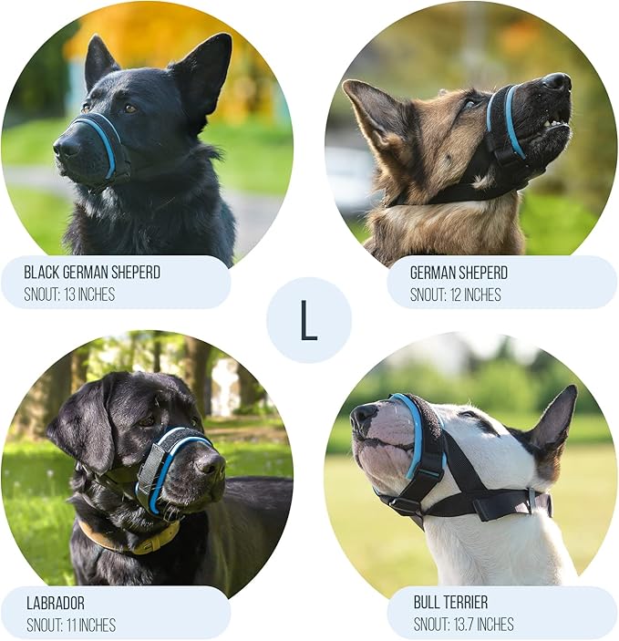 Gentle Muzzle Guard for Dogs - Prevents Biting and Unwanted Chewing Safely – New Secure Comfort Fit - Soft Neoprene Padding – No More Chafing – Training Guide Helps Build Bonds with Pet (L, Blue)