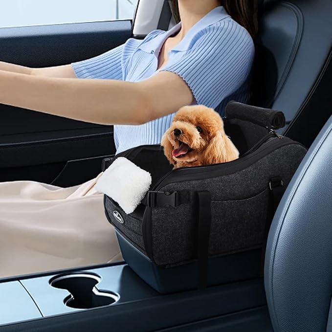 Nobleza Dog Car Seat for Center Console, Detachable Console Pet Seat for Small Puppy Cat Kitten with Safety Protective Hooks, Adjustable Straps Storage Pocket & Safety Leash for Outdoor Travel