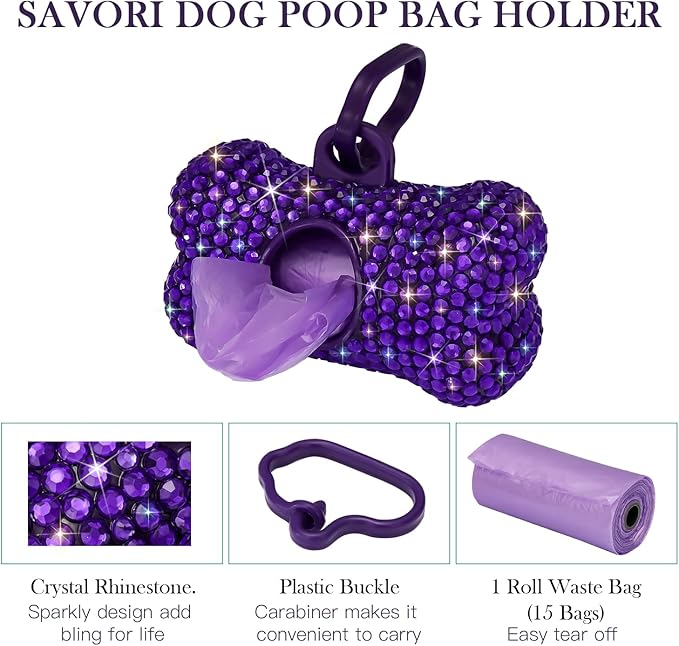SAVORI Dog Poop Bag Holder Bling Crystal Dog Waste Bags Dispenser for Pet Dog Doggy with Carabiner Clip Includes 1 Roll 15 Bags (Purple)