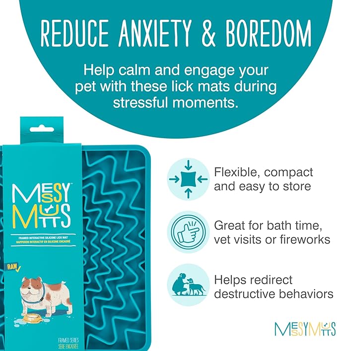 Messy Mutts Framed Silicone Therapeutic Licking Mat | 9.5" x 9.5" | Slow Feeder Mat for Boredom & Anxiety | Lick Pad for Dogs & Cats | Blue