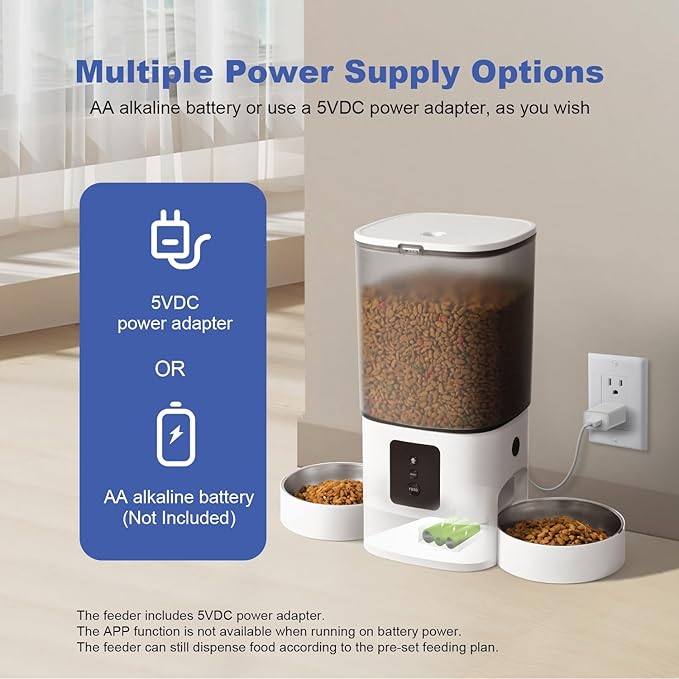 2.4G/5G WiFi Automatic Cat Feeder, 6L Food Dispenser with 10s Voice Recorder, Double Bowls Pet Feeder up to 10 Meals per Day, Timed Cat Feeder with Dry Food Sealed Ring