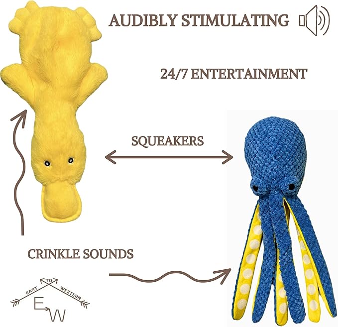 Duck and Octopus Dog Toys - Crinkle, Squeaky, Plush, No Stuffing, Interactive, Stimulating, Fun, Boredom, Busy, Calming, Cuddle, Puppy, Play, Gift - Large, Medium, Small Dog - Set of 2