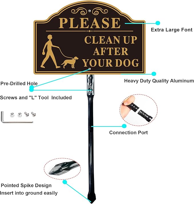 Please Clean Up After Your Dog Sign with 36-inch Metal Stakes, 12”x8” No Pooping Dog Signs for Yard, Aluminum,Rust-Free, 2Pack