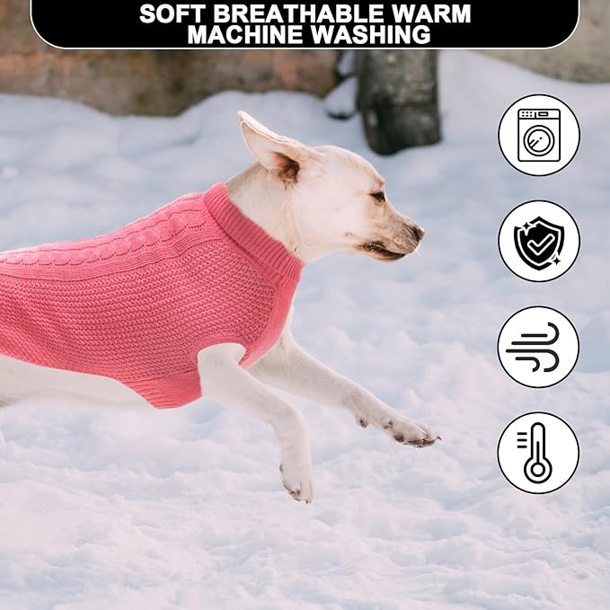 Medium Dog Sweater, Classic Cable Knit Warm Dog Sweatshirt with Reflective Yarn for Girl Boy, Halloween Fall Winter Coat Turtleneck Pullover Clothes Apparel for Small Medium Large Dogs Pink M