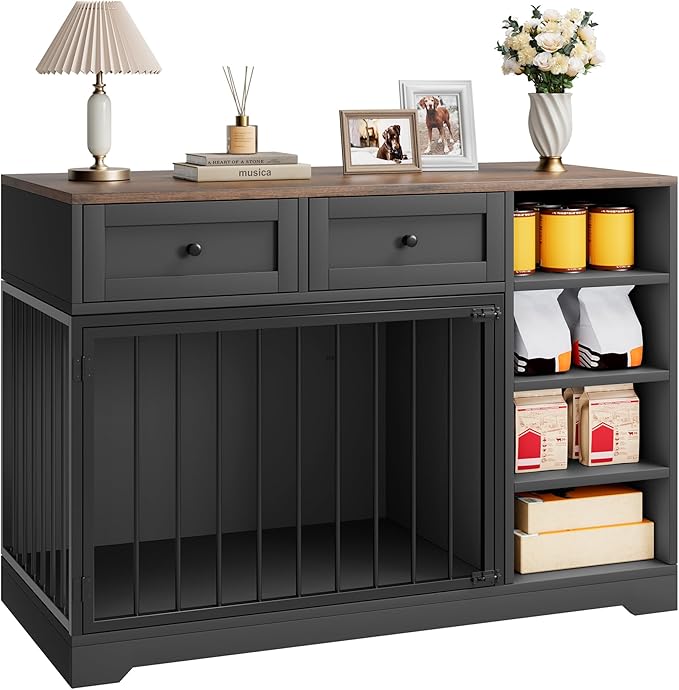 Dog Crate Furniture 47", Large Dog Crate TV Stand with 2 Drawers and 4 Shelves, Wooden Dog Kennel Indoor, Decorative Dog Cage with Storage for Large Dogs, Black