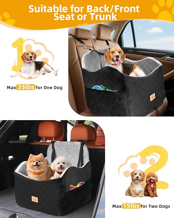 Car Seat Booster for Dog: High-Support Memory Foam Pet Car Seat for Small/Medium Dogs Under 35lbs with Elevated Cushion - Detachable Washable Puppy Travel Bed for Driving with Pockets