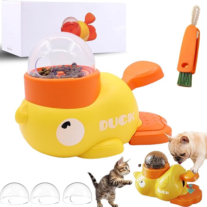 Dog Interactive Treat Dispenser, 2-in-1 Dog Treat Dispenser Toy, Duck Cat Treat Dispenser, Safe Kibble Dispenser Dog Toy, Adjustable Food Outlet for Small to Medium Cats and Dogs (Yellow*1)