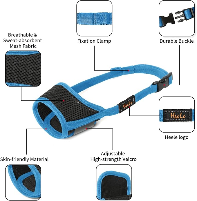 HEELE Dog Muzzle,Soft Nylon Muzzle Anti Biting Barking Chewing,Air Mesh Breathable Drinkable Adjustable Loop Pets Muzzle for Small Medium Large Dogs (Sky Blue, S)