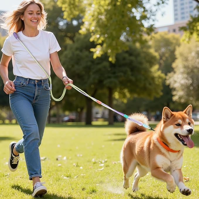 Hands Free Dog Leash Dual Handle, Wearable Leashes for Dog, Padded Waist Belts and Rotating Metal Clip,for Small Medium Large Dogs (18+ lbs) Walking Training Running (Purple Green, 6.5 FT)