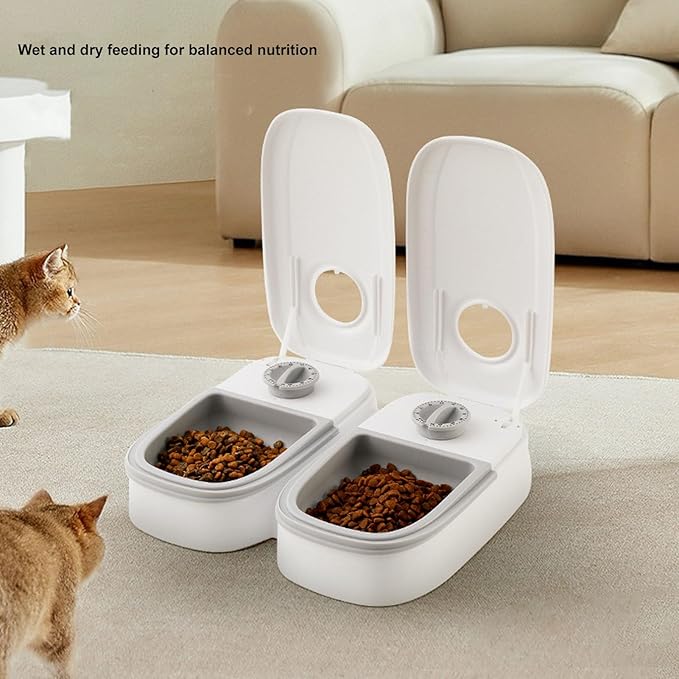 Automatic Dog Feeder, 2 Meal Automatic Pet Feeder, Programmable Electronic Timed Dog and Cat Food Dispenser, Dry or Semi Moist Pet Food Dispenser for Cats and Small Dogs (Gray)