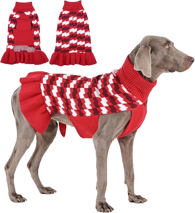 Dog Sweaters for Large Dogs Girl, Dog Sweater Dress with Leash Hole, Thick Turtleneck Knitwear for Female Dogs, Warm Fall Winter Dress for Cold Weather, Thanksgiving, Christmas - Red XXXL