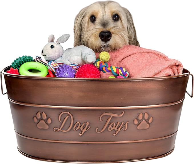 BREKX Indestructible Metal Dog Toy Bin - Galvanized Metal Bin with Handles for Accessory Storage - Pet Toy Basket, Blanket Basket - Storage Dog Toy Box, Farmhouse Decor (Copper - 25 Quart)