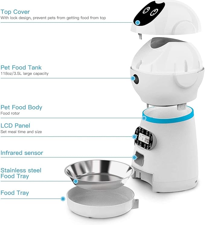 Automatic Cat Food Dispenser with Stainless Steel Food Bowl,Pet Feeder 1-4 Meals Per Day Timer Programmable Voice Recorder and Portion Control 3.5L Capacity for Cats and Dogs