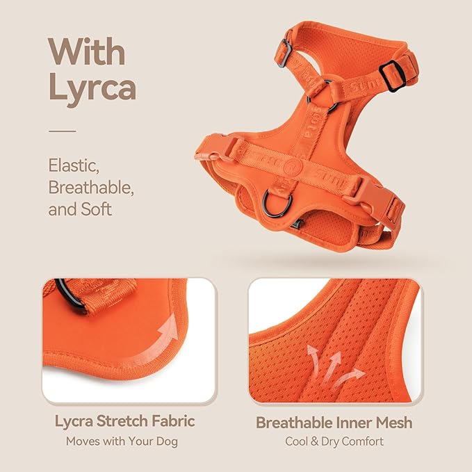 No Pull Dog Harness with Lycra, Three-Point Force Dispersion & 3D Padding, Adjustable Breathable Mesh for Small Medium Large Dogs(Orange,XL)