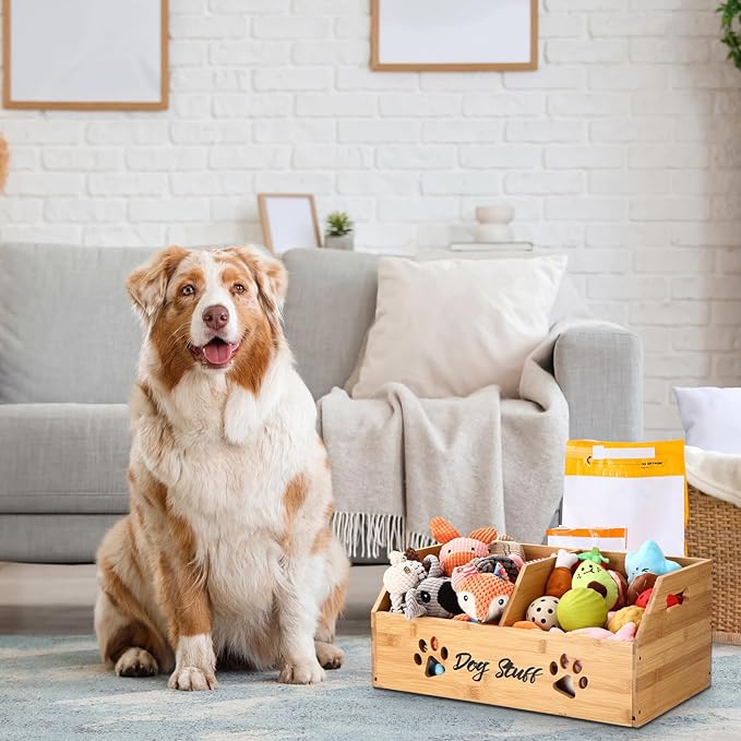 Leinuosen Large Dog Toy Bin Basket, 20 Inch Large Stuff Toy Storage Basket Bin with Bone Handle Cutout Pattern Bamboo Container for Organizing and Storage Dog Leash Chew Toys, (Natural, Divided)