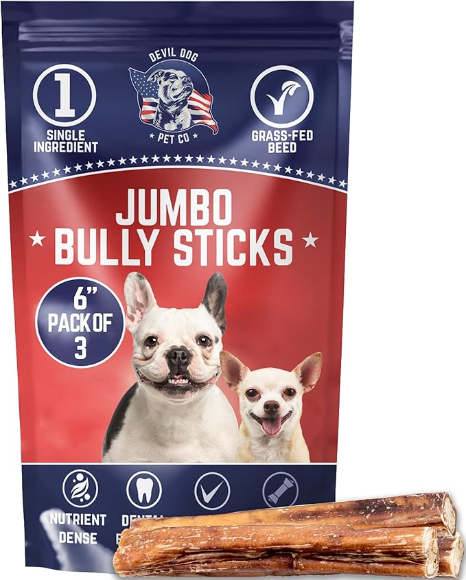 Devil Dog Pet Co. Jumbo Bully Sticks – 6 Inch, 3 Pack Dog Chews, 100% Natural, Single Ingredient, Free-Range Grass-Fed Beef – Long Lasting, Rawhide-Free Treats for Dogs