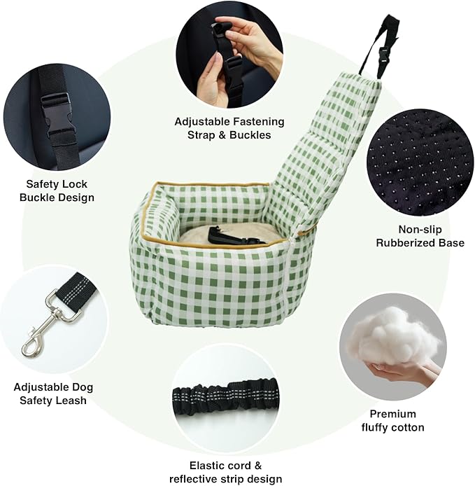 Pet Car Booster Seat for Small Dogs & Cats up to 25 lbs – Plaid Travel Seat with Safety Leash, Adjustable Straps, Non-Slip Base, 2-in-1 Convertible Bed, Detachable & Washable (Green Plaid)