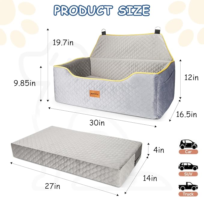 Car Seat for Large/Medium Dogs or 2 Small - Memory Foam Bed, Pet Safety Booster for Back Seats, Detachable Washable, Carriers Travel