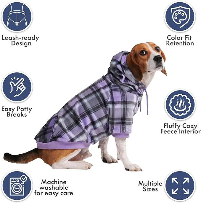 Spark Paws Dog Hoodie – Premium Dog Sweater for Small, Medium, and Large Dogs | Warm Outfits for French Bulldogs, Pitbull, Puppy, Winter Jacket Alternative - Purple Plaid - 2XL