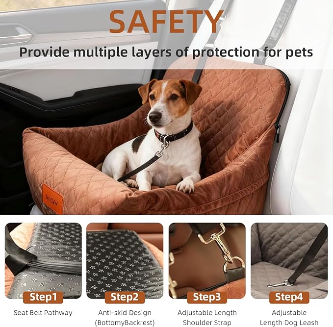 Dog Car Seat for Small Dogs, Fully Detachable and Washable Pet Booster Car Seats, Pet Travel Home Bed Ultra Soft Fabric, Adjustable Straps,Easy to Install, Brown