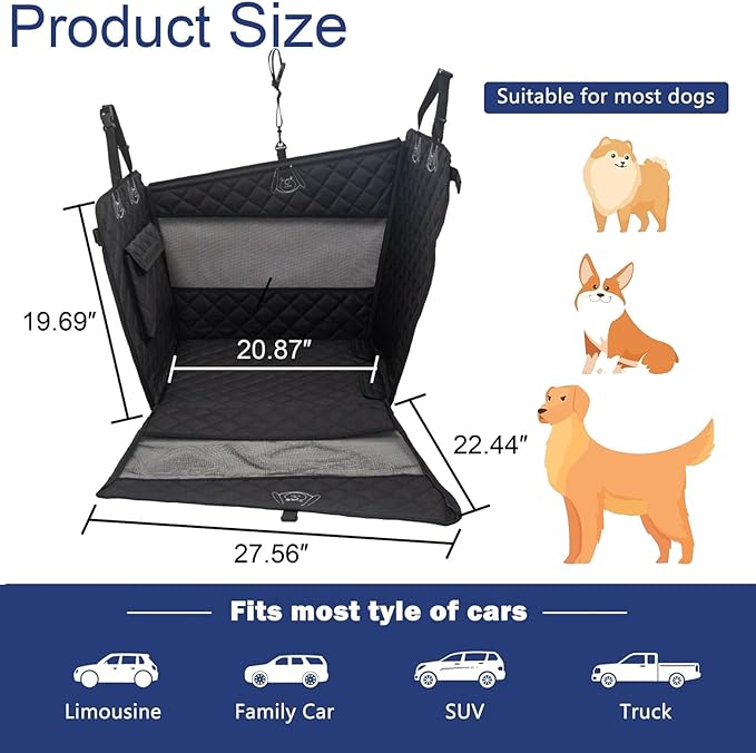 Dog Car Seat, Waterproof Pet Car Back Seat for Large Medium Dogs, Carseat for Dogs with Hard Bottom, Foldable Dog Carseat for Cars, Trucks and SUVs (Black, L)