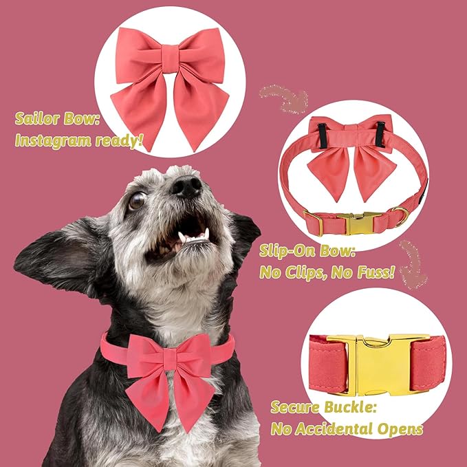 Maca Bates Peach Pink Dog Collar with Cute Solid Sailor Bow Tie for Medium Girl Boy Dogs,Girly Adjustbale Durable Breakaway Soft Collars with Bowtie for Female Male Puppy,Pet with Metal Buckle