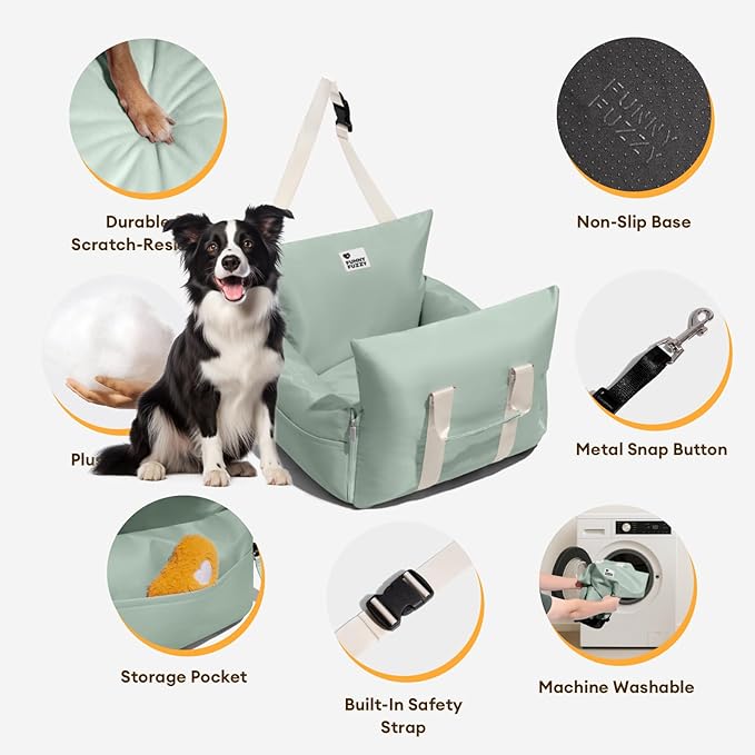 FUNNY FUZZY Dog Car Booster Seat for Small/Medium Dogs up to 25lbs – Waterproof, Non-Slip Base, Safety Leash & Fully Washable Design for Safe and Comfortable Travel (Light Green)