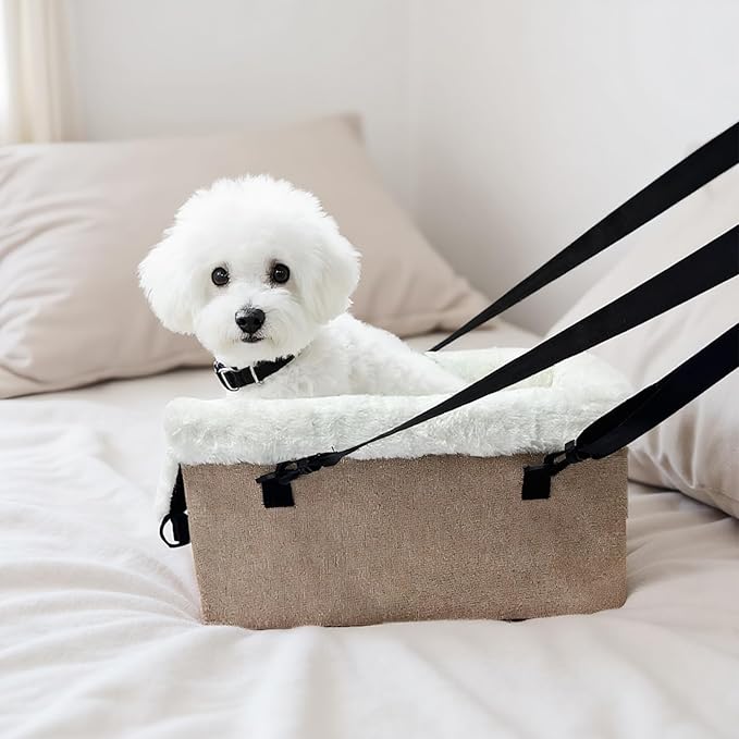 Soft Dog Car Seat, Portable Puppy Console Chair, 18 Inches Pet Cushion with Safety Buckle, Oxford Fabric Travel Bed with Comfort Padding, SUV Armrest Vehicle Seat Secure Straps
