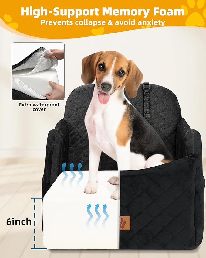 Car Seat Booster for Dog: High-Support Memory Foam Pet Car Seat for Small/Medium Dogs Under 35lbs with Elevated Cushion - Detachable Washable Puppy Travel Bed for Driving with Pockets