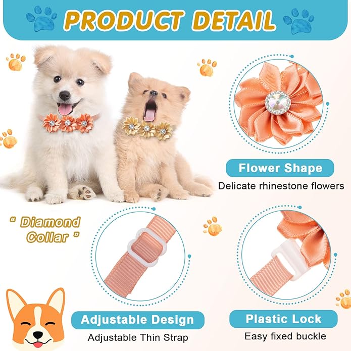 Yunsailing 200 Pieces Dog Bow Ties Collar Adjustable Flower Diamond Crystal Dog Cat Bowties Grooming Accessories for Small Medium Pet Puppy Girl Kitten Wedding Birthday Party