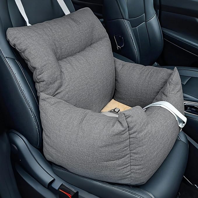 Dog Booster Car Seat Bed for Small Dogs Up to 18 LB, Portable Elevated Puppy Travel Car Seat with Tether & Reversible Cushion for Front and Back Use, Grey