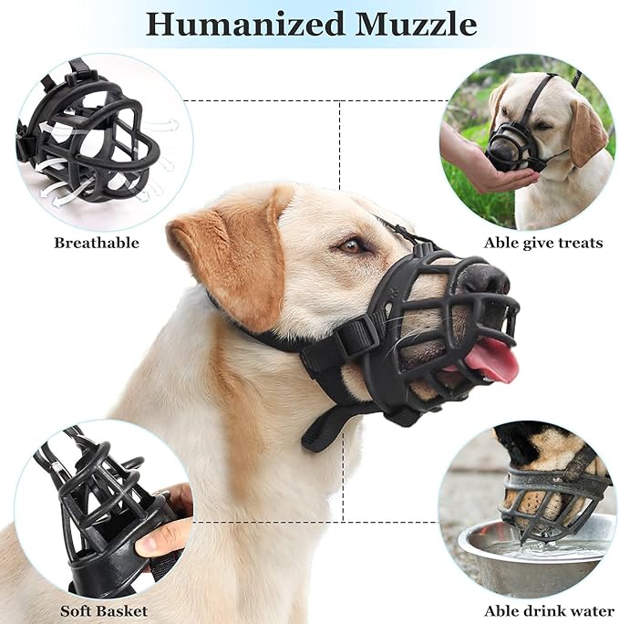 LUCKYPAW Basket Muzzle for Large Medium Small Sized Dogs, Soft Pitbull Muzzle for Rottweiler Bully to Prevent Biting Chewing, Allows to Drink Full Pant, Breathable & Adjustable