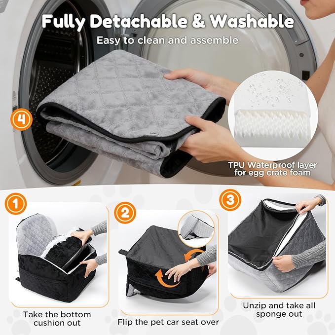 Gimars Reversible Dog Car Seat with Long & Short Plush Seat Cushion for Small/Medium Dogs Up to 40lbs, Detachable Washable Anti-Slip Dog Booster Seat with 5.9'' 28D Egg-Crate Foam, Safety Belt, S