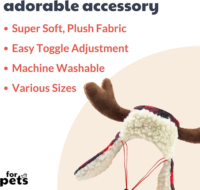 Huxley & Kent Pet Hat | Antler Buffalo Check (Large) | Festive Christmas Holiday Accessory for Dogs/Cats | Holiday Pet Hat | SnugFit Sliding Toggles for Best Fit