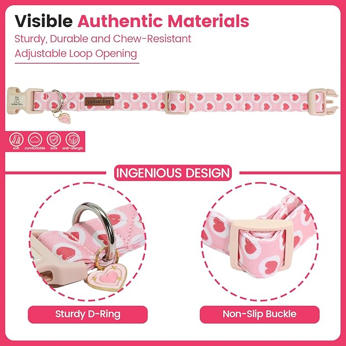 Lionheart glory Valentine's Day Dog Collar - Pink Heart Dog Collar Adjustable Soft for Medium Girl Boy Dogs Spring Party Holiday Pet Collars