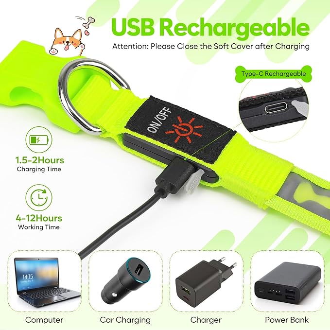 LED Dog Collar with Battery Display, Adjustable Light Up Dog Collars Rechargeable, Glowing in The Dark Reflective Light Collar Super Bright Safety Dog Light for Medium Large Small Pets (Green, M)