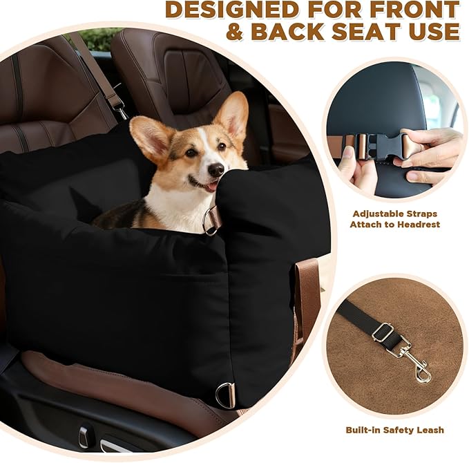 Dog Car Seats for Small Dogs, 2-in-1 Waterproof Pet Booster Seat for Car with Side Handles and a Storage Pocket, Clip-On Safety Leash and PP Cotton Filling, Vehicle Bed for Puppy up to 25 lbs (Black)