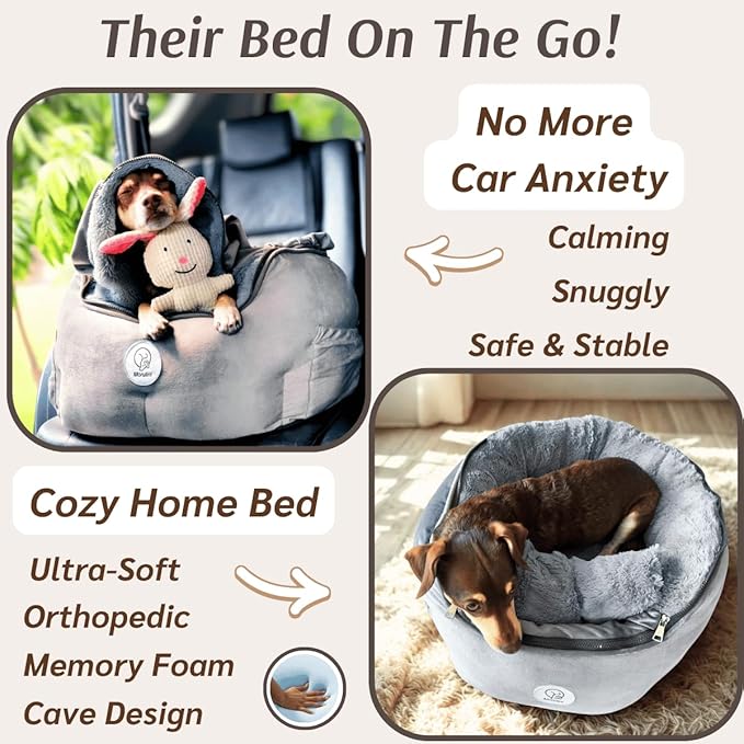 Orthopedic Dog Car Seat for Small Breeds - Original Calming Burrow Nest for Car Anxiety Relief - 6” Memory Foam Booster & Travel Bed - for Dogs Under 25lbs, Frenchie, Chihuahua