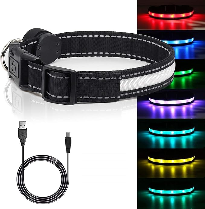 Light Up Dog Collars,Safety LED Dog Collars USB Rechargeable 7 Changing Colors Glow in The Dark Dog Walking Light,Neon Adjustable Safety Buckle Lighted Dog Collar for Small/Medium/Large Dogs, XL Size