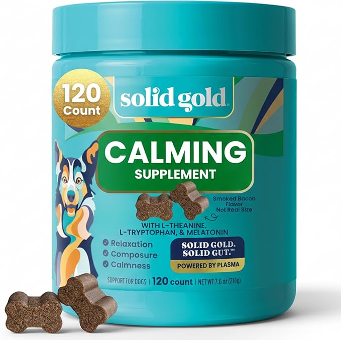 Solid Gold Calming Chews for Dogs - Dog Calming Chews w/Melatonin for Separation, Stress & Hyperactivity Relief - Supports Relaxation for Travel, Fireworks & Storms - All Ages & Sizes - Bacon 120ct
