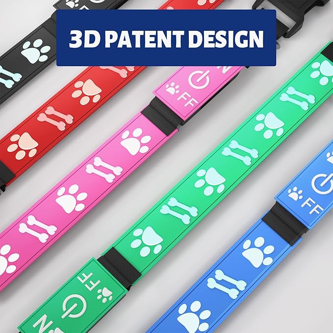 Light Dog Collar 3D LED Dog Collars Adjustable Rechargeable Glowing Dog Collar for Night Walk Bright Blinking Collars for Medium Dogs, Red
