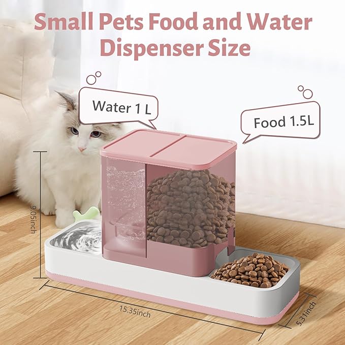 Yummy Sam Automatic Small Pet Feeder and Water Dispenser, 2 in 1 Gravity Cat Auto Pet Feeder and Waterer Set Feeder Dish for Small Medium Pets Dog Puppy Kitten (Pink)