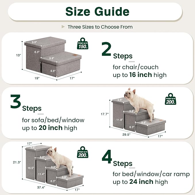 Love's cabin Dog Stairs for Small Medium or Large Dogs with Storage and Adjustable Steps, Foldable Cat Steps for Bed or Couch, 4-Step Gray Folding Ramp with Zip up to 200 lbs, Solid Grey