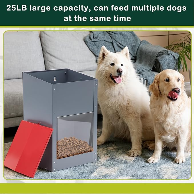 2 Pcs 25 Lbs Large Galvanized Automatic Dog Feeder Dog Food Dispenser with Handle Acrylic Panel Galvanized Gravity Feeder Thickened Rust Proof Outdoor Hanging for Doggie Breed Food Container
