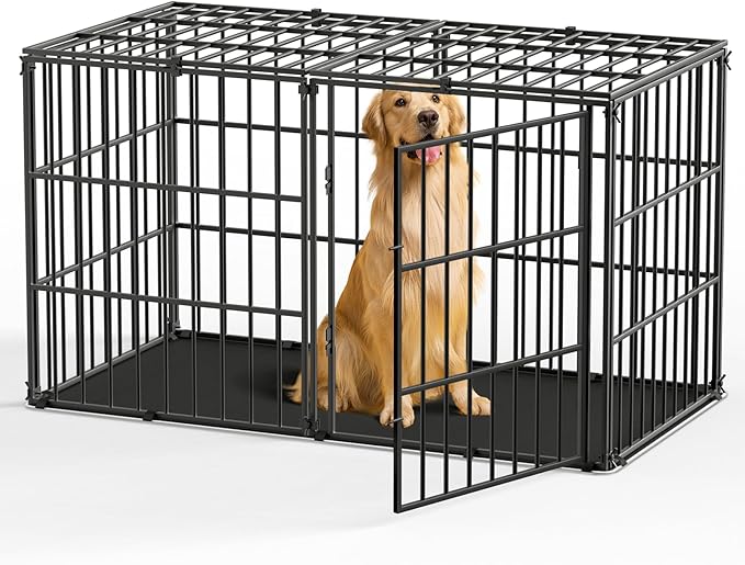 Pawaboo Heavy Duty Dog Crate, 56 inch Large Metal Dog Cage, Thickened Anti-bite Dogs Kennel with Mat, Dogs Playpen with Secure Top, Pet Cage Crate with Lock Door, Black